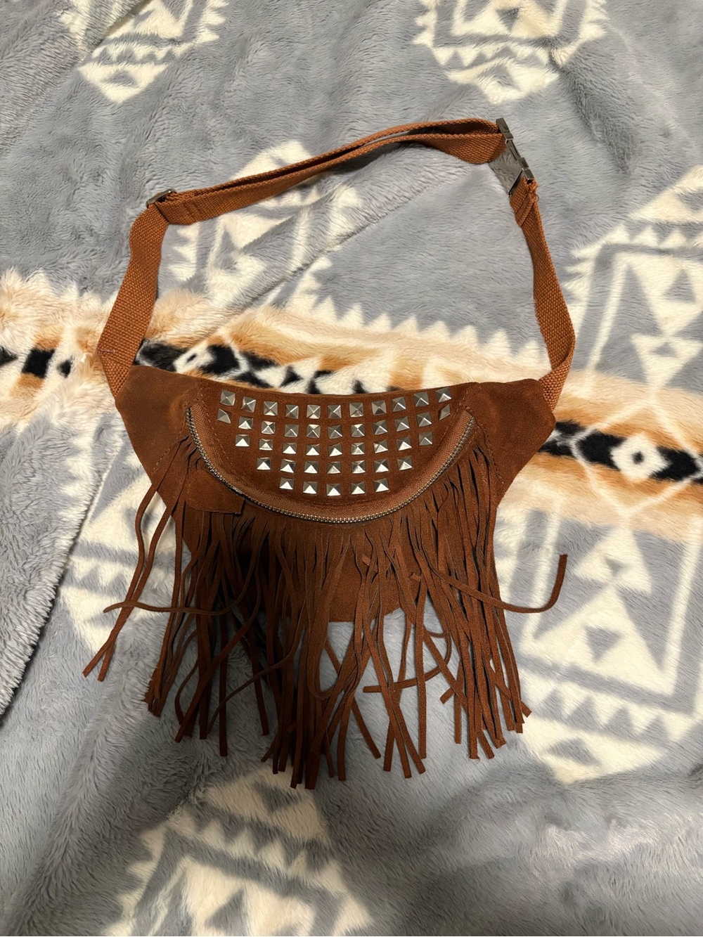 Ecote Brown Fringed Crossbody Bag with Silver Studs